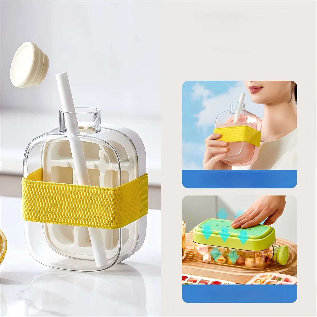 2-in-1 Ice Cube Maker Water Bottle with Straw – Easy Press Ice Release Portable Ice Mold Tray Cup