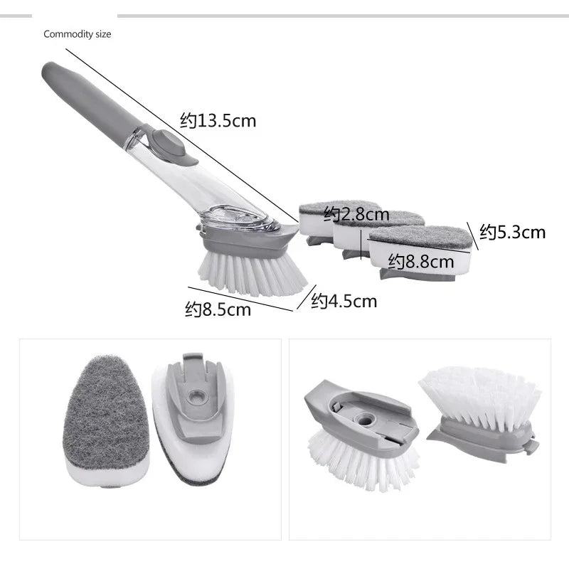 Soap Dispensing Dish Brush Set – 2-in-1 Long Handle Scrubber with Removable Sponge