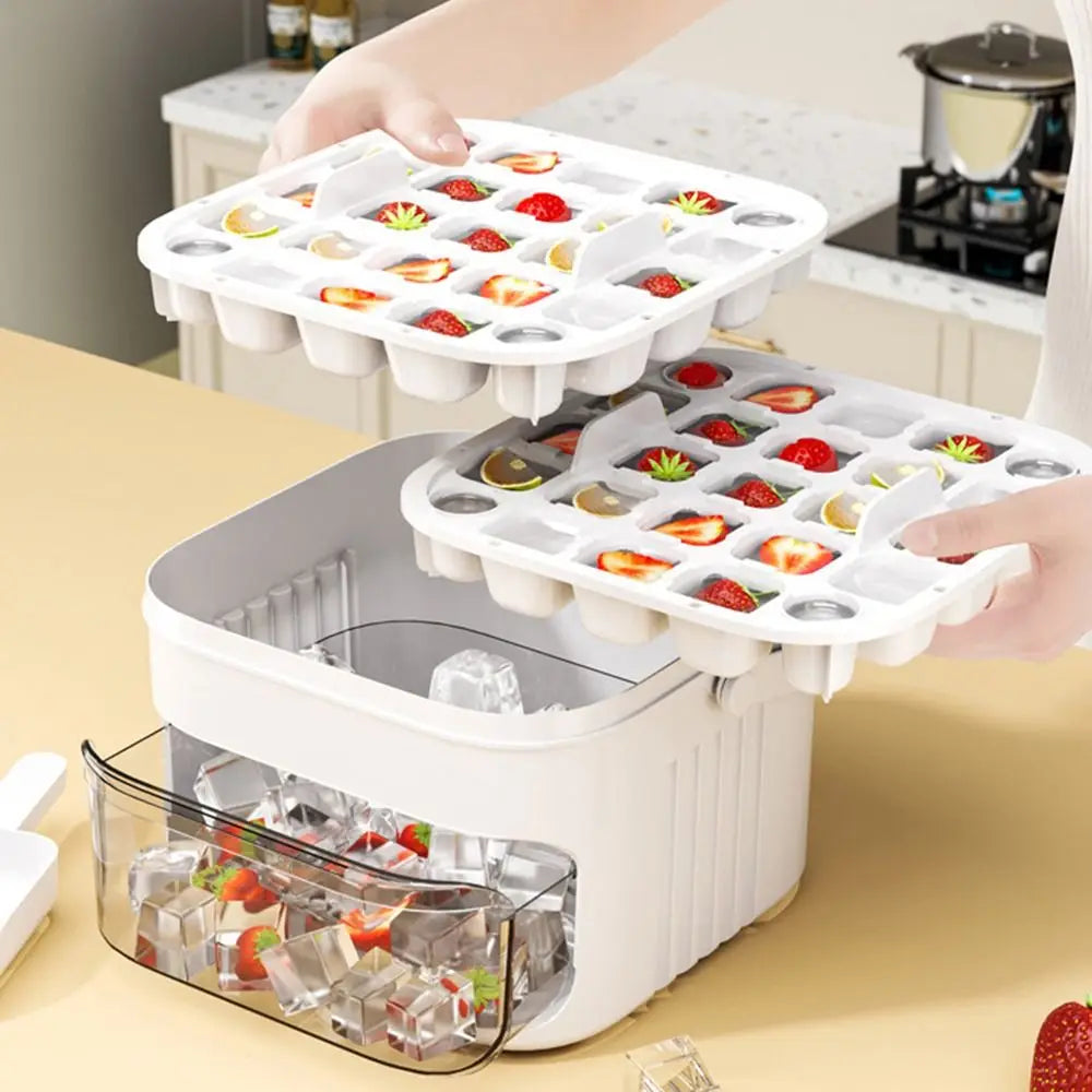 50-Cube Ice Maker with Easy Press Lid – Double Layer Ice Cube Tray & Storage Box for Refrigerator