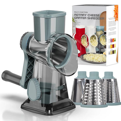 3-in-1 Rotary Cheese Grater & Vegetable Slicer – Manual Cheese Shredder, Nut Grinder & Food Grater with Stainless Steel Blades