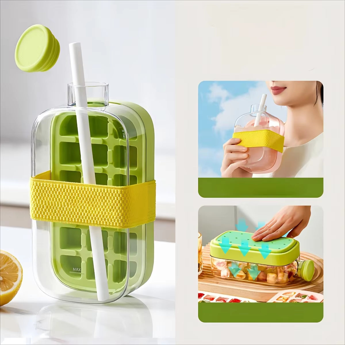 2-in-1 Ice Cube Maker Water Bottle with Straw – Easy Press Ice Release Portable Ice Mold Tray Cup