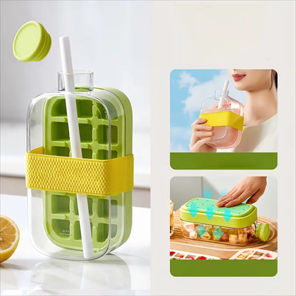 2-in-1 Ice Cube Maker Water Bottle with Straw – Easy Press Ice Release Portable Ice Mold Tray Cup