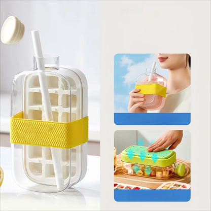 2-in-1 Ice Cube Maker Water Bottle with Straw – Easy Press Ice Release Portable Ice Mold Tray Cup