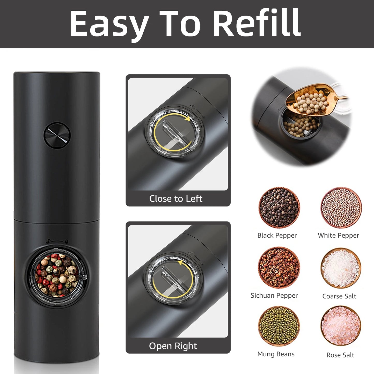 Electric Automatic Mill Pepper and Salt Grinder with Base Set Battery Powered with LED Light Adjustable Coarseness Kitchen Tool
