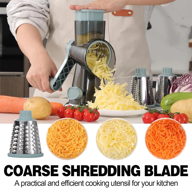 3-in-1 Rotary Cheese Grater & Vegetable Slicer – Manual Cheese Shredder, Nut Grinder & Food Grater with Stainless Steel Blades