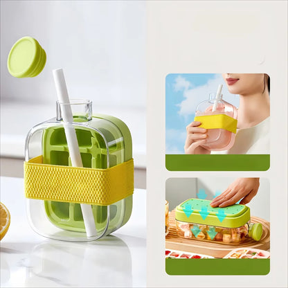 2-in-1 Ice Cube Maker Water Bottle with Straw – Easy Press Ice Release Portable Ice Mold Tray Cup