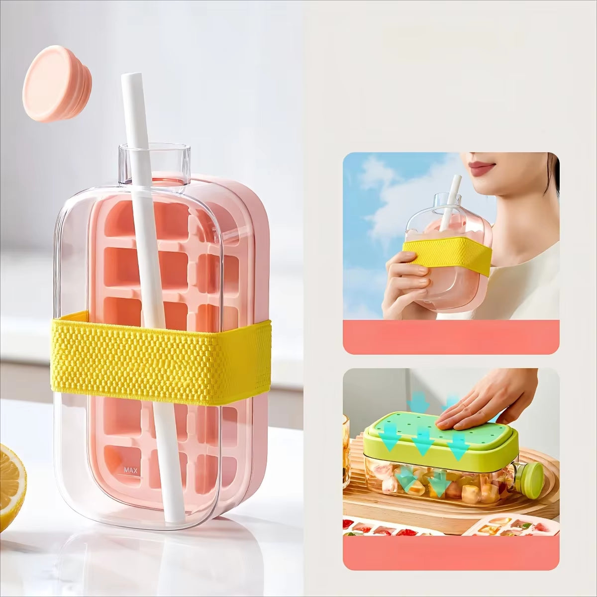 2-in-1 Ice Cube Maker Water Bottle with Straw – Easy Press Ice Release Portable Ice Mold Tray Cup