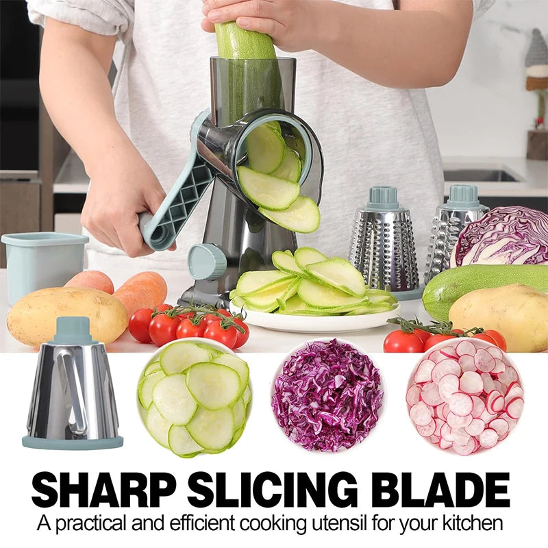 3-in-1 Rotary Cheese Grater & Vegetable Slicer – Manual Cheese Shredder, Nut Grinder & Food Grater with Stainless Steel Blades