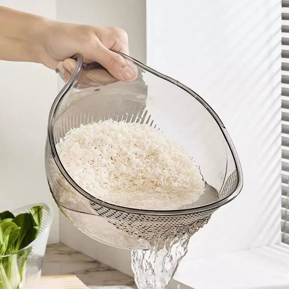 Rice Washing Bowl with Strainer & Side Drainers – Colander Basket for Veggies, Beans & Pasta