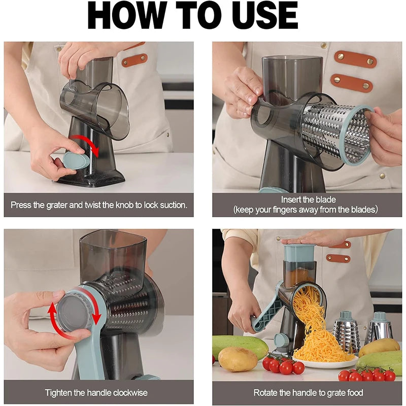 3-in-1 Rotary Cheese Grater & Vegetable Slicer – Manual Cheese Shredder, Nut Grinder & Food Grater with Stainless Steel Blades