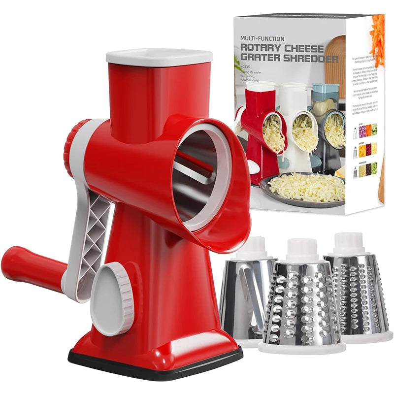 3-in-1 Rotary Cheese Grater & Vegetable Slicer – Manual Cheese Shredder, Nut Grinder & Food Grater with Stainless Steel Blades