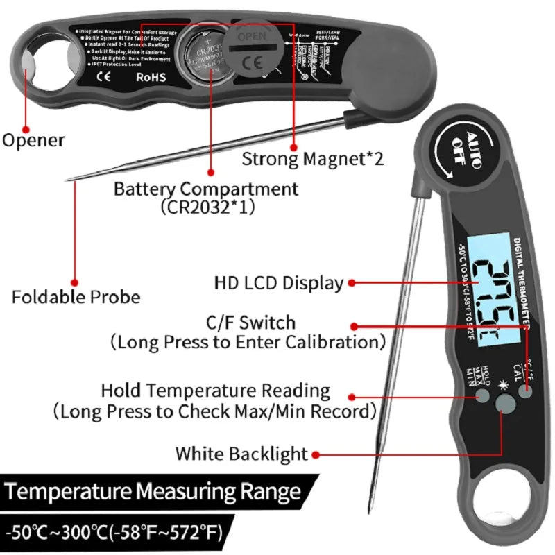 Waterproof Digital Meat Thermometer – Instant Read Food Temperature Probe for BBQ, Grilling, Cooking, Baking & Kitchen Use