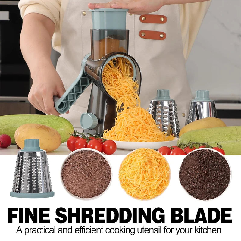3-in-1 Rotary Cheese Grater & Vegetable Slicer – Manual Cheese Shredder, Nut Grinder & Food Grater with Stainless Steel Blades