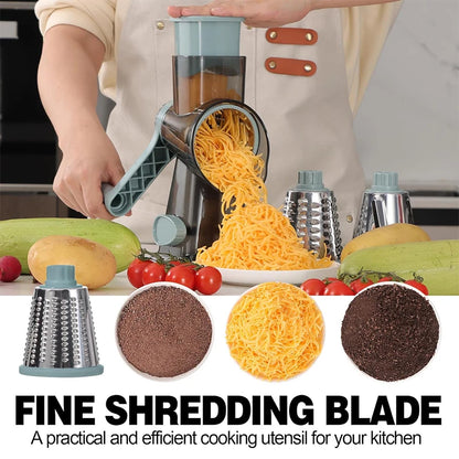 3-in-1 Rotary Cheese Grater & Vegetable Slicer – Manual Cheese Shredder, Nut Grinder & Food Grater with Stainless Steel Blades