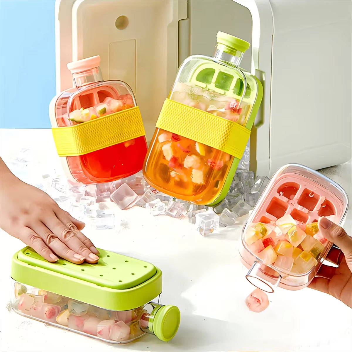 2-in-1 Ice Cube Maker Water Bottle with Straw – Easy Press Ice Release Portable Ice Mold Tray Cup