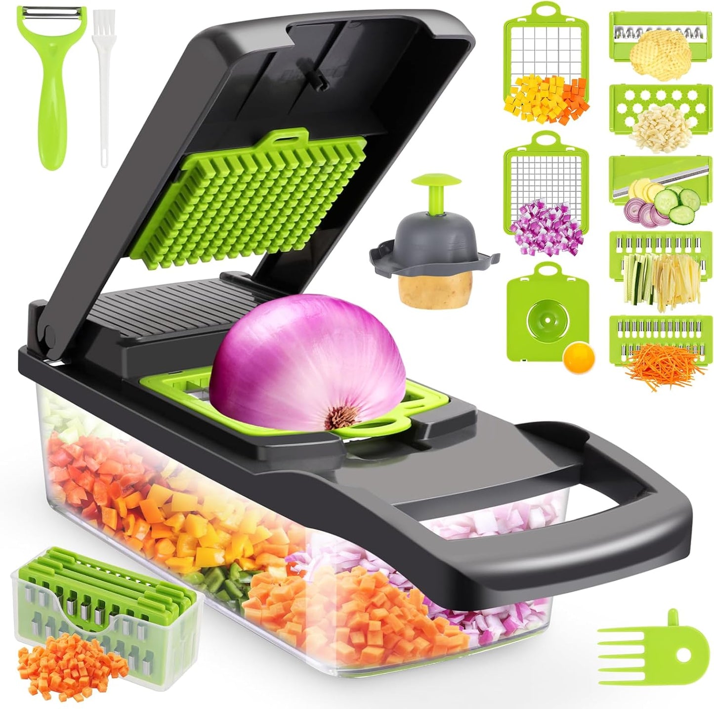 Vegetable Chopper, Multifunctional 13-In-1 Food Choppers Onion Chopper Vegetable Slicer Cutter Dicer Veggie Chopper with 8 Blades,Colander Basket,Container for Salad Potato Carrot Garlic