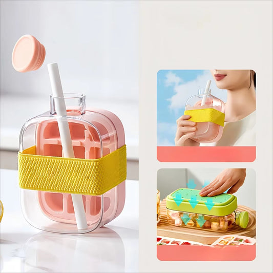 2-in-1 Ice Cube Maker Water Bottle with Straw – Easy Press Ice Release Portable Ice Mold Tray Cup