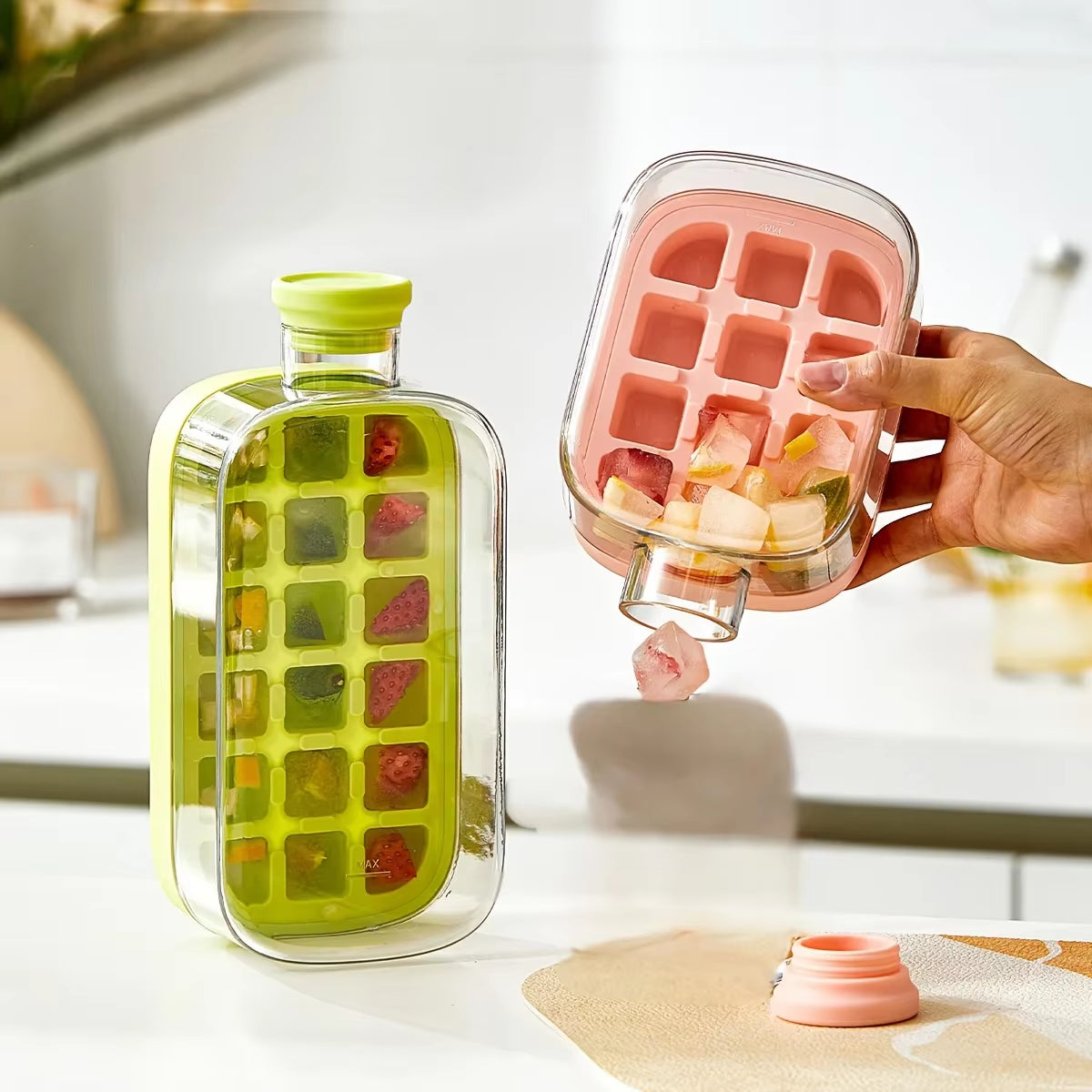 2-in-1 Ice Cube Maker Water Bottle with Straw – Easy Press Ice Release Portable Ice Mold Tray Cup