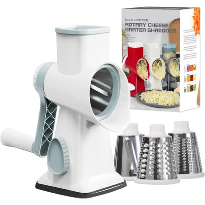 3-in-1 Rotary Cheese Grater & Vegetable Slicer – Manual Cheese Shredder, Nut Grinder & Food Grater with Stainless Steel Blades