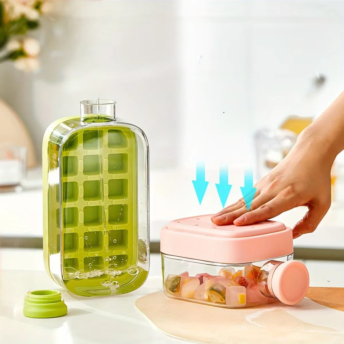 2-in-1 Ice Cube Maker Water Bottle with Straw – Easy Press Ice Release Portable Ice Mold Tray Cup