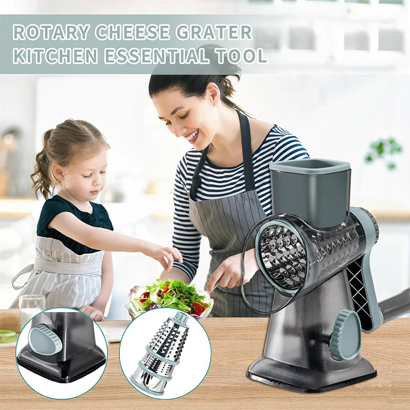 3-in-1 Rotary Cheese Grater & Vegetable Slicer – Manual Cheese Shredder, Nut Grinder & Food Grater with Stainless Steel Blades
